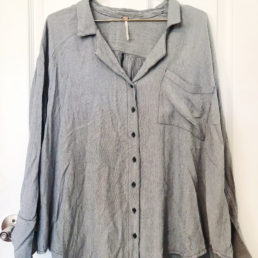 Free People Blue Striped Flowy Button Down Shirt